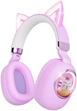 sunvito Kids Headphones Bluetooth 5.4 - Cat Ear LED Light Up Noise Cancelling Wireless Headphones with Mic, 85dB Volume Limited, Wired & Wireless Mode for Travel/School/iPad