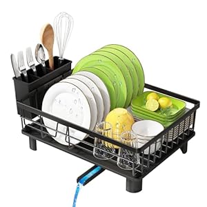 MAJALiS Abtropfgestell Geschirr mit Abtropfschale, Edelstahl Geschirrabtropfgestell, Abtropfgestell für Spülbecken mit Abtropffläche und Drehbarem Auslauf, Geschirr Abtropfständer, Schwarz