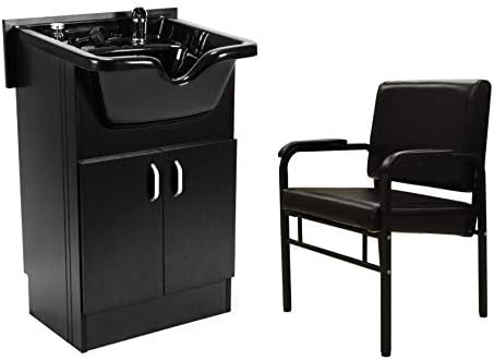Berkeley Set of SANDEN Shampoo Cabinet Shampoo Bowl, Faucet, Drain and Azle Reclining Shampoo Chair Black for Beauty Salon and Spa