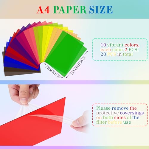 Image of 20 Pack Gel Light Filter Sheets, A4 Size Transparency Colored Plastic Sheets,Light Gel Filters for Photography Studio Lighting, Stage LED Light,Headlight Film,DIY Tinted Window Film&Light Diffuser