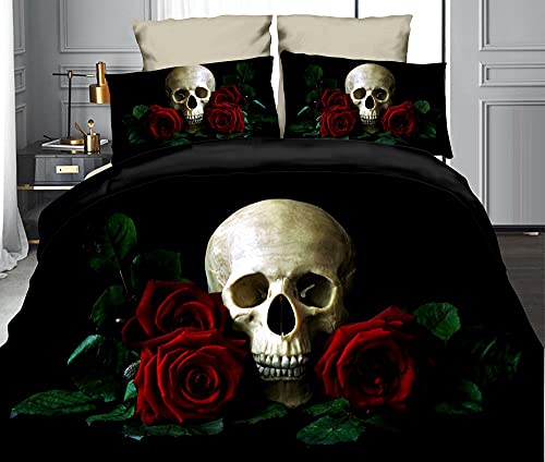 3D Bettwäsche Skull und Rosen Bettbezug-Set Gothic 135x200 + Kissenbezug 80x80 cm Schädel Horror Wendebettwäsche 2 Teilig mit Reißveschluss Schwarz Rot Weiss Cover