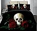 Parure de lit 3D motif tête de mort et roses gothique 135 x 200 cm + taie d'oreiller 80 x 80 cm réversible 2 pièces avec fermeture éclair Noir/rouge/blanc