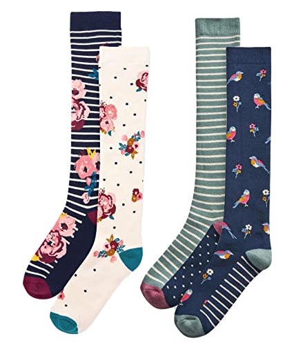 K Collection Ladies Ex Store Welly Socks - 4 Pack - Wellington Boot Socks - Floral, Bird Stripe Designs - Assorted Colours - UK One Size