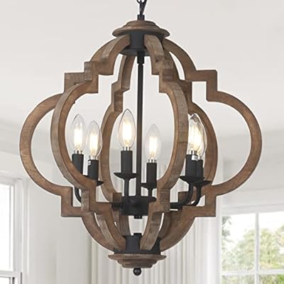 Eayaya Farmhouse Chandeliers for Dining Room, 6-Light Rustic Dining Room Light Fixture Over Table, Wood Black Hanging Pendant Lights Kitchen Island, Boho Chandelier for Bedrooms Entryway Living Room
