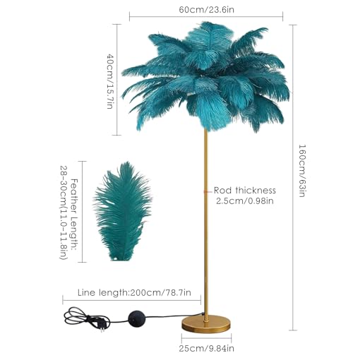 Lámpara de pie regulable con plumas naturales azules y oro 7