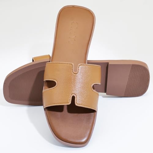 Image of Women's Flat Sandals, Ladies Leather Slippers, Comfy Dressy Slip on Shoes Elegant Slides Summer Fall Spring Cute Open Toe Casual Footwear