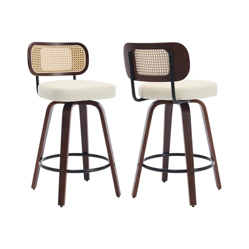 Image of Swivel Counter Height Bar Stools Set of 2, 26 inch Bar Chairs with Curved Rattan Back, Upholstered PU Leather, Walnut Craftsmanship, Mid Century Modern Counter Stools for Kitchen Counter, Beige