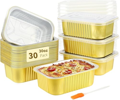 LATERN 30Pcs Small Aluminum Pans with Lids, 900ml Foil Baking Tin Leftover Container Takeout to Go Food Container Mini Loaf Pans for Baking Cooking Roasting Meal Prep Freezer Heating Takeout (Gold)