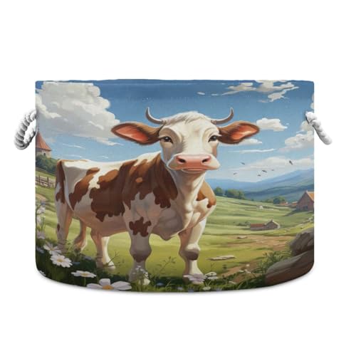 Round Cute Farm Cow Storage Basket Large Organizer Bin Laundry Hamper Toy Storage Basket with Handle for Nursery Clothes Toys 202b4913