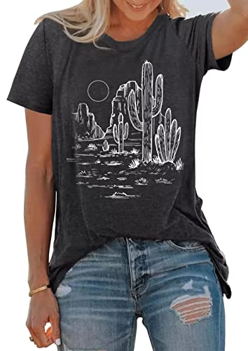 Western Cactus Shirt for Women Sunrise Desert Graphic Tee Tops Hiking Mountain Climbing Funny Short Sleeve T-Shirt
