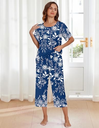 Image of Ekouaer Women's Two Piece Lounge Set Short Sleeve Shirt and Capri Pants Mumu Pajama with Pockets Loungewear Pjs Sets S-2XL
