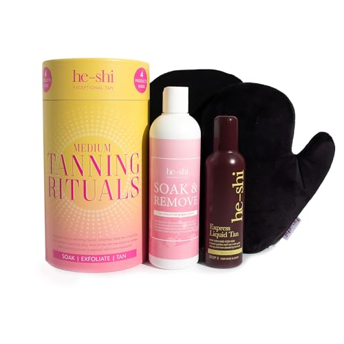 He-Shi Fake Tan Kit - Tanning Rituals Gift Set - Includes Luxurious Bath Soak, Exfoliating Mitt, Hydrating Glycerin & Express Liquid Tan for a Streak-Free Golden Gl