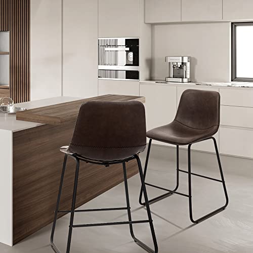 Canglong Faux Leather Armless Counter Stool Black Metal Base Faux Leather Bucket Seat, (2 Pcs 24" Inch), Brown #TOP1