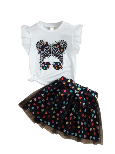 Image of Little Girl's Skirt Outfits Two Piece Cool Print Short Sleeve T Shirt and Mesh Polka Dot Skirt Set