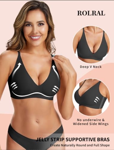 Image of Womens Deep V Wireless Bra No Underwire Seamless Comfort Support Tshirt Push Up Bralette for Everyday /Sleep