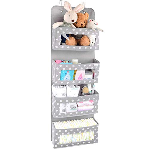 Image of Vesta Baby Over the Door Hanging Organizer - Unisex Space-Saving 4-Pocket Storage Solution for Closet, Children's Room, Nursery - Clear-Window Caddy - 2 Utility Pockets for Small Items and Accessories