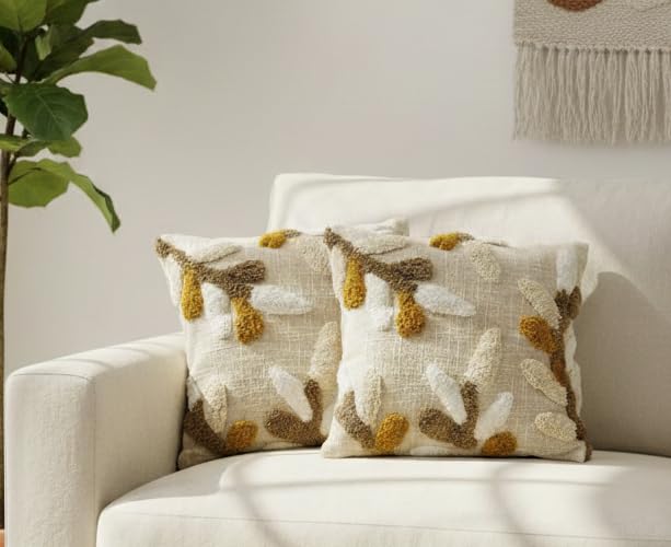 Furnistitchs Premium Decorative Throw Cushion Pillow Cover Boho Home Decor - Living Room Bedroom Couch Sofa Cushion Covers 16 inch x 16 inch (2, Cream Leaves)-image-18