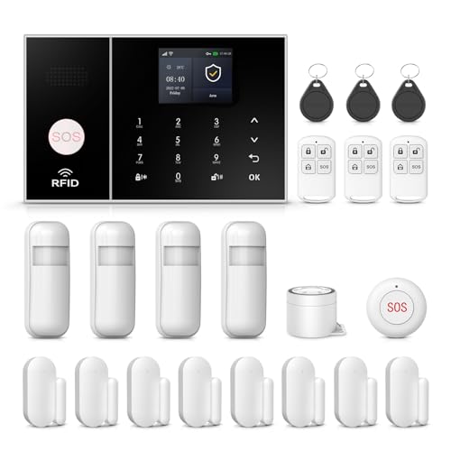 Sistemi di sicurezza domestica, kit di allarme Smart Wifi 4G fai da te con rilevatore di movimento, sensore della finestra della porta, telecomando, nessuna tassa mensile (A108F-EU-E)