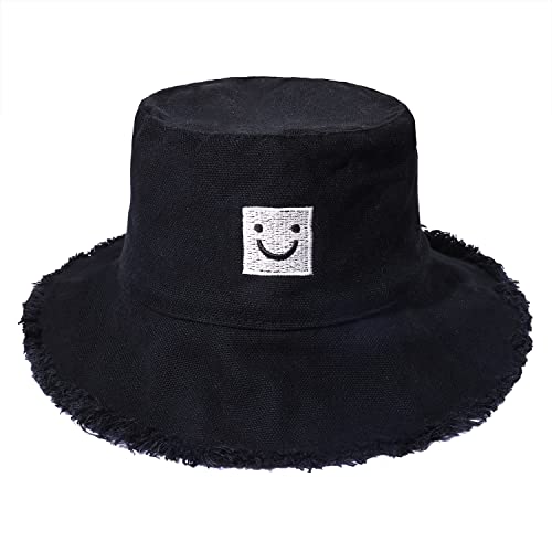 Bucket Sun Hats for Women Wide Brim Cotton Beach Hats Packable Frayed Edge Smile Sunflower Hats Summer Vacation Accessory (Black Smile)