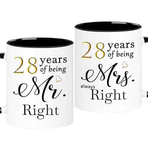 WOSIWULA 28 Year Anniversary Birthday Coffee Mugs Set of 2, 28th Wedding Anniversary Decorations Gifts Presents for Couple Parents Women Men Wife Husband Her Him, 28th Birthday Gifts, 11oz