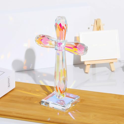Image of YWHL Iridescent Crystal Standing Cross Decor, Handmade Glass Holy Cross