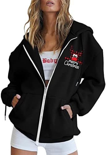 Women's Swatershirts Fleeced Long Sleeve Fall Hooded Clothing Oversized Zip Up Sweaters Tunic Comfy Full-zip Hoodies