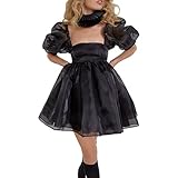 Women's Puff Sleeve Tulle Princess Dress Off Shoulder Square Collar Mini Dress Puffy Mesh Party Prom Evening Dress(b-Black, Large)