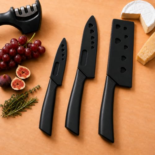 Image of GO STORE Set of 3 Kitchen Knives with Knife Sharpener | Stainless Steel Sharp Chef Knives | Ergonomic Handle | Chopping, Slicing, and Dicing for Vegetables, Fruits, and Meat