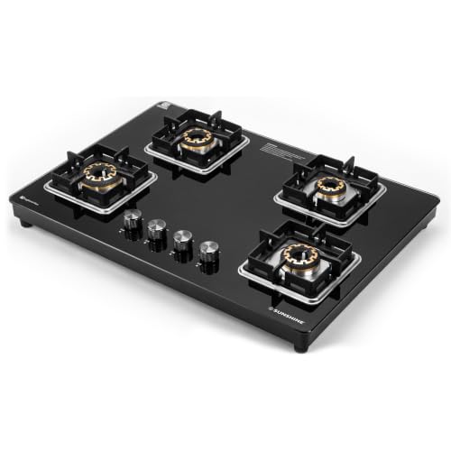 Image of Sunshine Shine 4 Burner Gas Stove | 4 Burner Glass Hob Top Cooktop | Warranty By Sunshine - 10 Year On Glass & Burner, Auto Ignition, LPG Ready & PNG Compatible (Premium - Black)