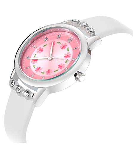 WUTAN Girls Watch Adorable White Leather Strap Wrist Band Flowers Dial with Diamond Cute Watch for Girls Casual Waterproof Wristwatches for Kids Reloj para Niños Niñas