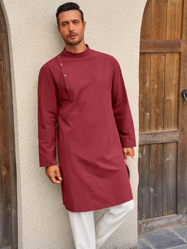 Image of Runcati Mens Kaftan Thobe Robe Long Sleeve Cotton Henley Shirt Casual Muslim Gown Salwar Kurta