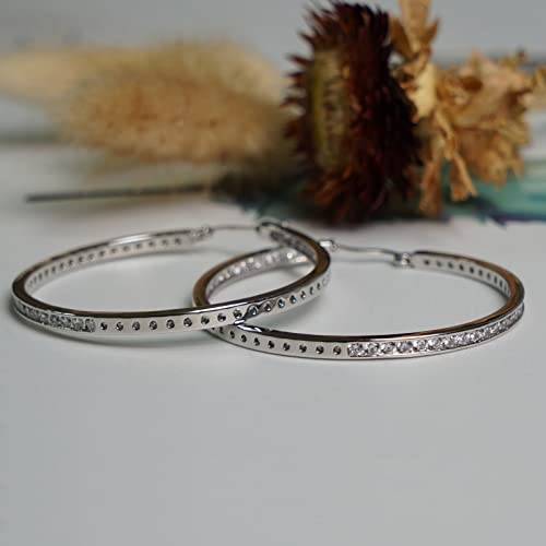 18K White Gold Plated Inside-Out Hoop Earrings With Clear Cz 55Mm #TOP4