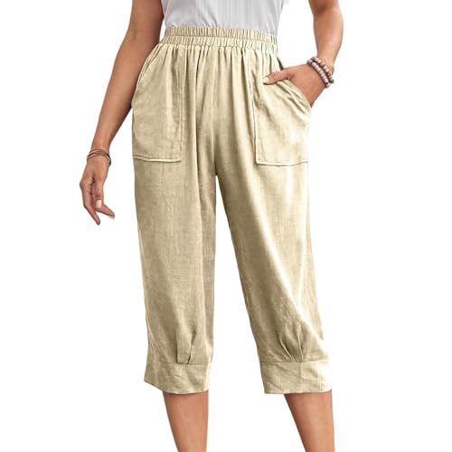 Wide Leg Capri Pants Women Petite Length Casual Elastic Waist Cropped Straight Leg Beach Pants Vacation Capris Pocket