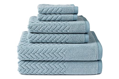 Texere 100% Organic Cotton Jacquard 650 GSM Premium Bath Towel Sets - Extra Absorbent Quick Dry and Plush, 2 Large Bath Towels, 2 Hand Towels, 2 Washcloths (Cable, Smoke Blue, 6 Piece)