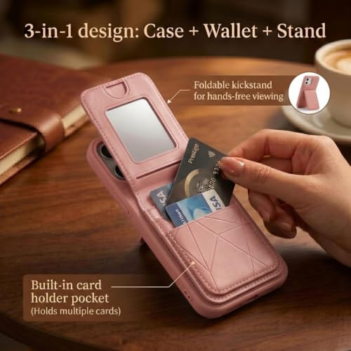Image of amazon basics Premium Vegan Leather Back Cover with Card Holder and Integrated Mobile Stand for iPhone 11 - Slim Shockproof Wallet Case with Geometric Stitching [Pink]