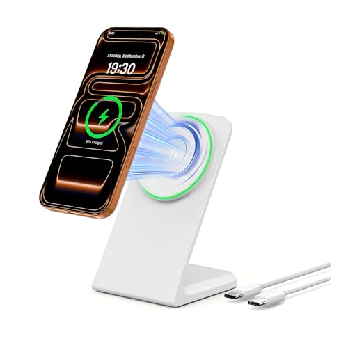 Mag Safe Charger Stand for iPhone: Qi-Certified Fast Magnetic Wireless Charging Station for iPhone 17/16/15/14/13/12 Series (Lunar White)