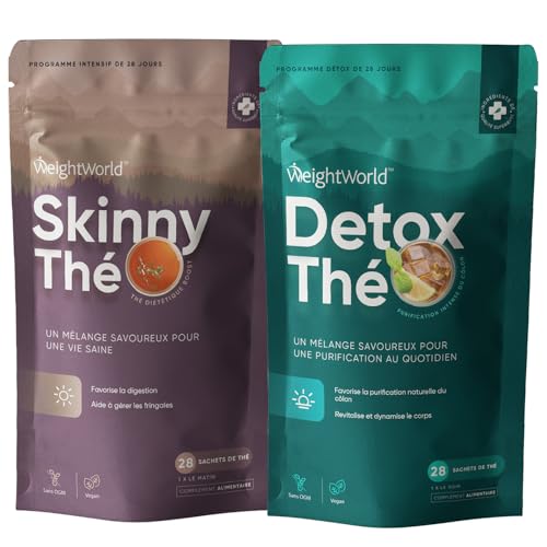 Thé Détox avec Thé Skinny, 56 Sachets Infusion Combo Programme de 28 Jours avec 0 Calories, sans Théine & Vegan - 1 Sachet Matin et 1 Sachet Soir