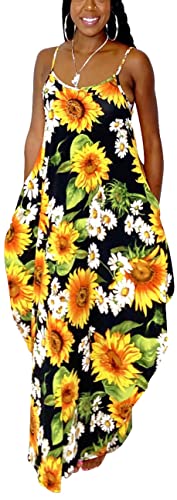 Image of Women's Maxi Sunflower Dresses Sleeveless Long Tie Dye Dress Casual Sundresses with Pockets