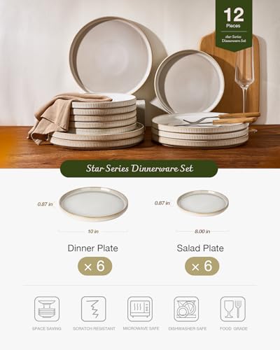 Image of Famiware Star 12-Piece Stoneware Flat Plate Set for 6-10.5 inch Dinner Plates & 8 inch Salad Plates, High Edge Dinnerware with Trim, Chip & Scratch Resistant, Microwave & Dishwasher Safe, Cappuccino White