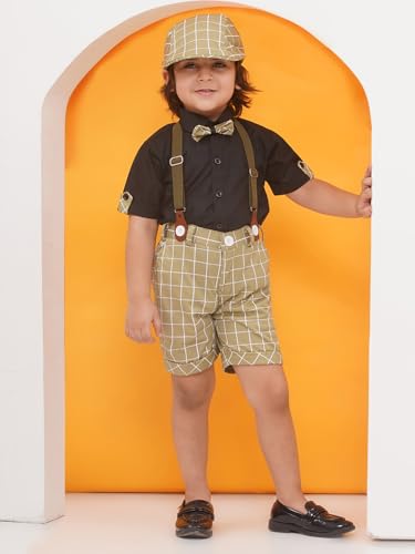 Image of AJ DEZINES Kids Clothing Cotton Blend Checkered Printed Shirt Shorts With Cap and Suspenders Set for Boys