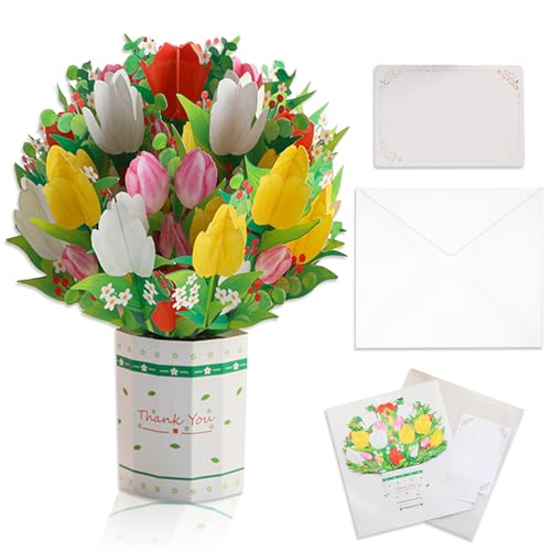 DERJDISF Biglietto Auguri - Biglietto Pop-Up con Tulipani, Regalo Floreale Artistico, Bouquet di Fiori per Sempre da 8,43 Poll, Ideale per Compleanni, Buona Fortuna, Anniversari, Festa della Mamma