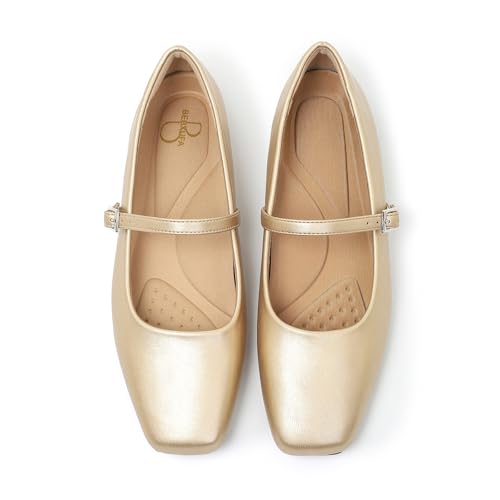 Bebxufa Womens Square Toe Mary Jane Ballet Flats Shoes with Adjustable Strap Slip On Comfortable Work Flats Soft Leather Dressy Shoes Gold 9