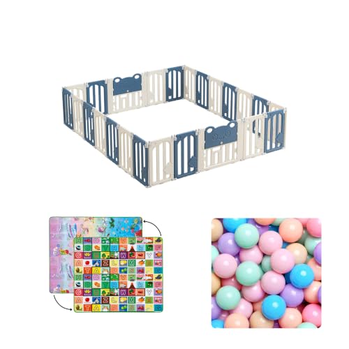 Image of Kids Station Little Bear Blue Baby Playpen with Playmat & 20 Colourful Balls Included, Safety Play Yard for Toddlers & Babies, Anti-Slip, Indoor /Outdoor, 150 x 180 cm