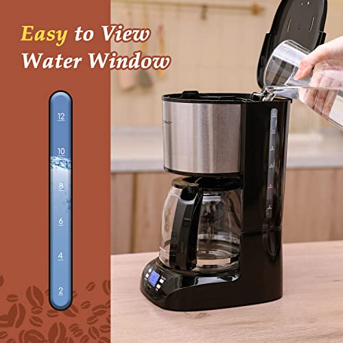 Aigostar Benno - Digitale Kaffeemaschine, Kaffeebrüher mit programmierbarer Timer, bis 12 Tassen, 1,5L, Warmhalteplatte, Tropf-Stopp, 800Watt, FilterKaffeemaschine Edelstahl, Schwarz – Bild 5