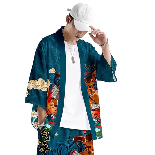 Image of DOSLAVIDA Men's Japanese Kimono Jacket Set Stylish Open Front Coat With Shorts Chinese Style Printed Cardigan Suit