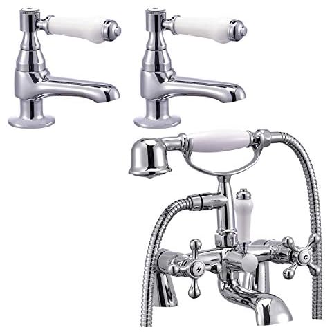 Funime Victoria Traditional Bathroom Bath Shower Taps 1/4 Turn Handheld and Basin Taps Pairs with UK Standard Fittings Cover