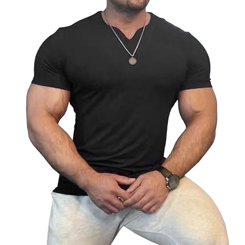 Men High Elastic Tight Quick Dry T Shirts Short Sleeve Tee Tops for Running Training Summer Casual Fitness Shirt (Black,Large)