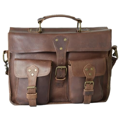 Handmade Brown Leather Briefcase by World Orphans - Full Grain Genuine Leather with Pullup