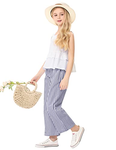 Image of Girl's 2 Piece Striped Outfits Cami Top Wide Leg Pants Ruffle Hem Summer Clothes with 2 Pockets 3-14Y