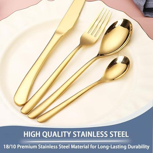 Image of 24 Pieces Flatware Set, Stainless Steel Cutlery Set with Silverware Holder, Modern Gold Silverware Set Includes Dinner Knives Forks Spoons,Hanging Silverware (Golden)